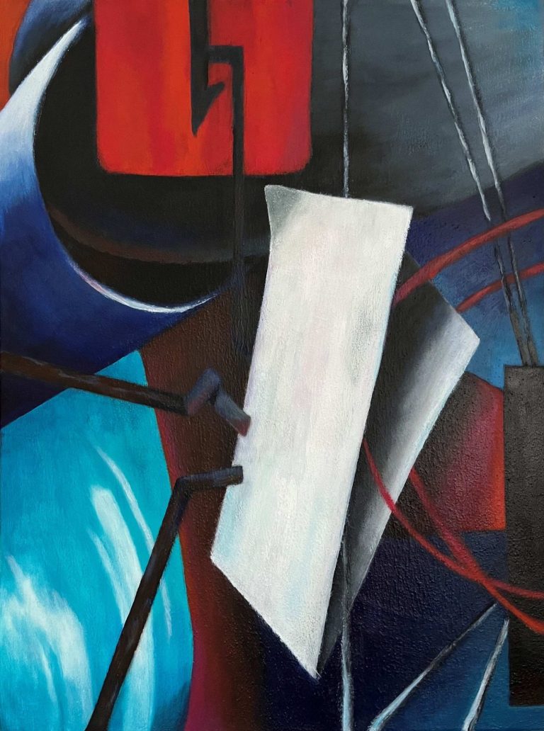 Abstraktes Acryl-Gemälde mit phantasievollen Formen und Flächen in den Farbtönen weiß, blau, rot, dunkelbraun und türkis.