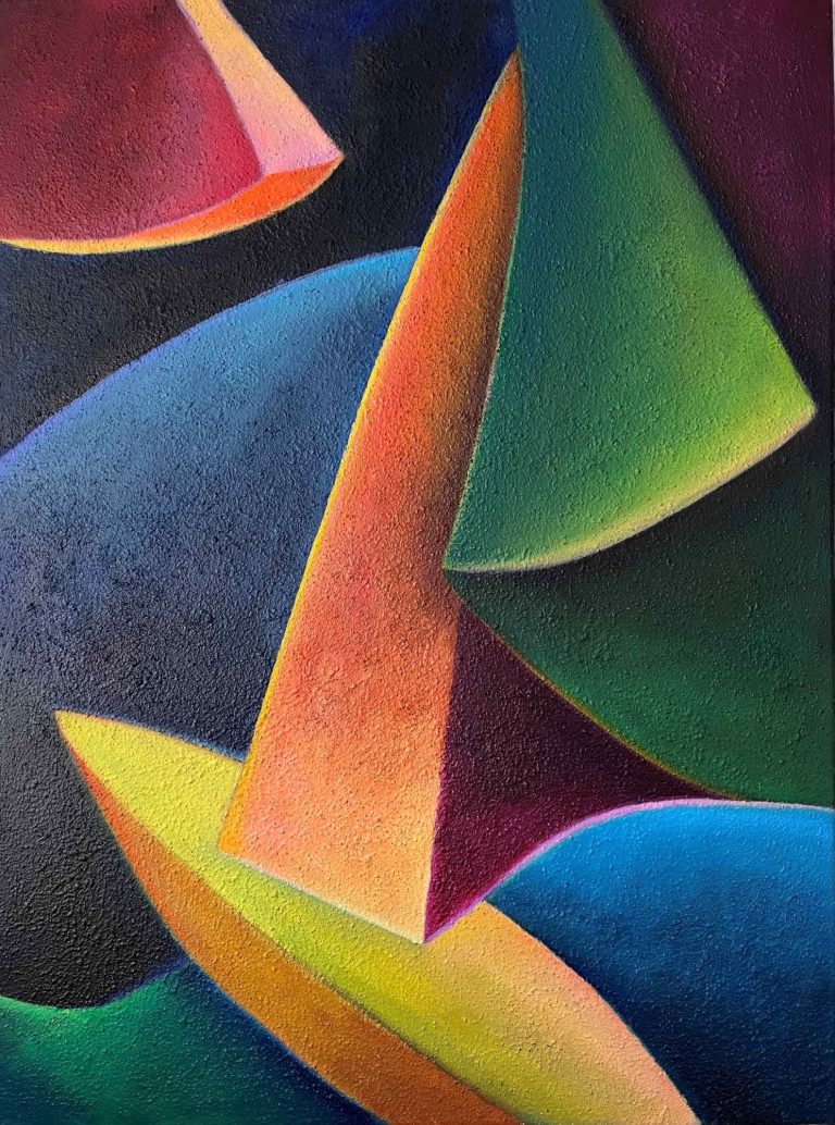 Abstrakte Komposition mit farbintensiven geometrischen sowie freien  Formen und Flächen und sanften Farbverläufen.