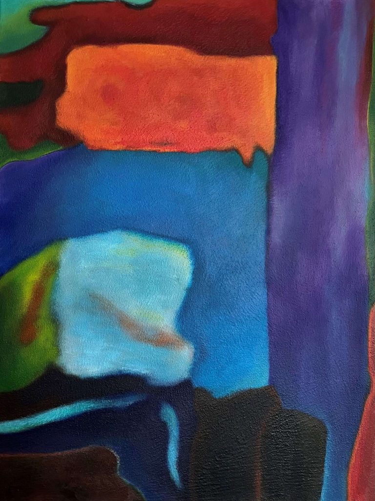 Abstrakte Komposition aus freien Formen und Flächen in kräftig leuchtenden Acryl-Farben in Blau, Orange und Lila mit diff. Übergängen.