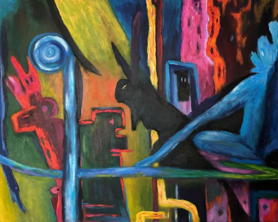 Abstrakte Malerei mit freien Formen und lebendigen Farben in dynamischer Anordnung.