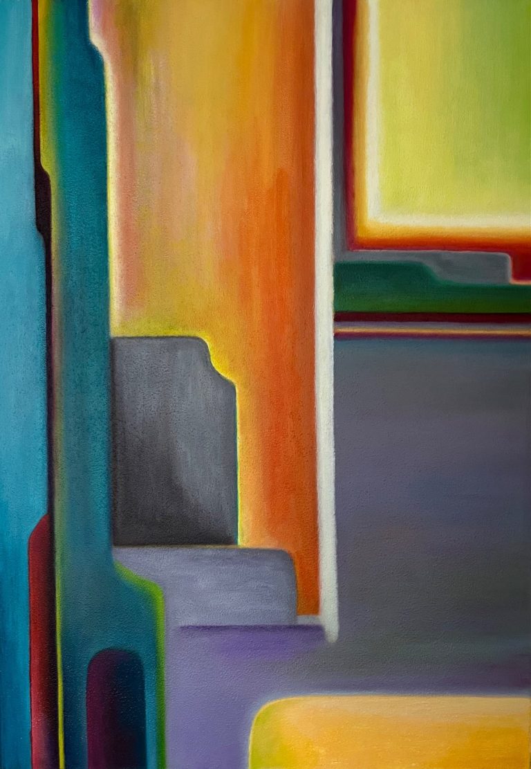 Abstrakte Komposition mit leuchtenden Farben und geometrischen Formen.