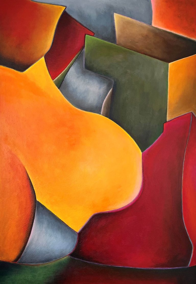 Farbige abstrakte Komposition in leuchtenden differenzierten Farben (orange, grün, blau und rot) aus freien Formen gestaltet.