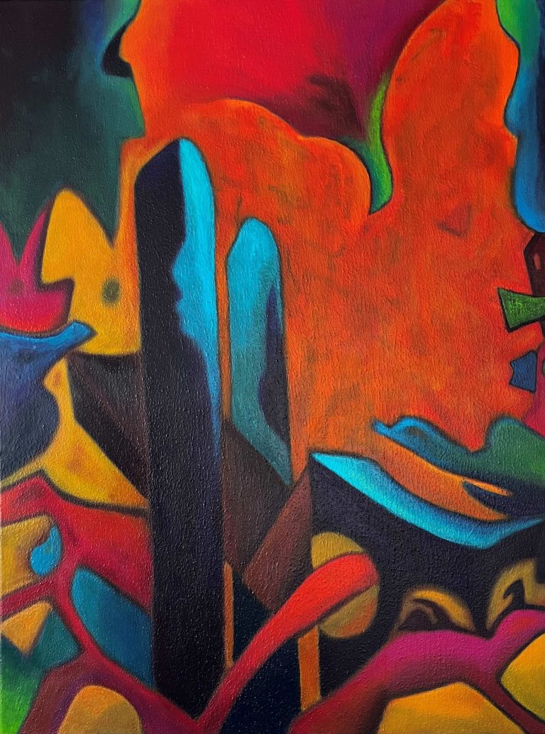 Abstrakte Farbkomposition mit leuchtenden Tönen und freien Formen.