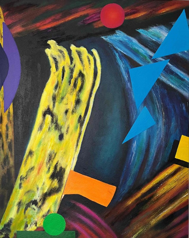 Abstrakte Malerei mit leuchtenden Acryl-Farben, freie dynamische Formen und Flächen in Kontrast zu klaren geometrischen Formen.