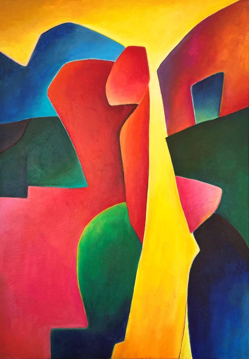 Abstrakte Komposition in lebhaften Farben mit geometrischen Formen und fließenden Linien.