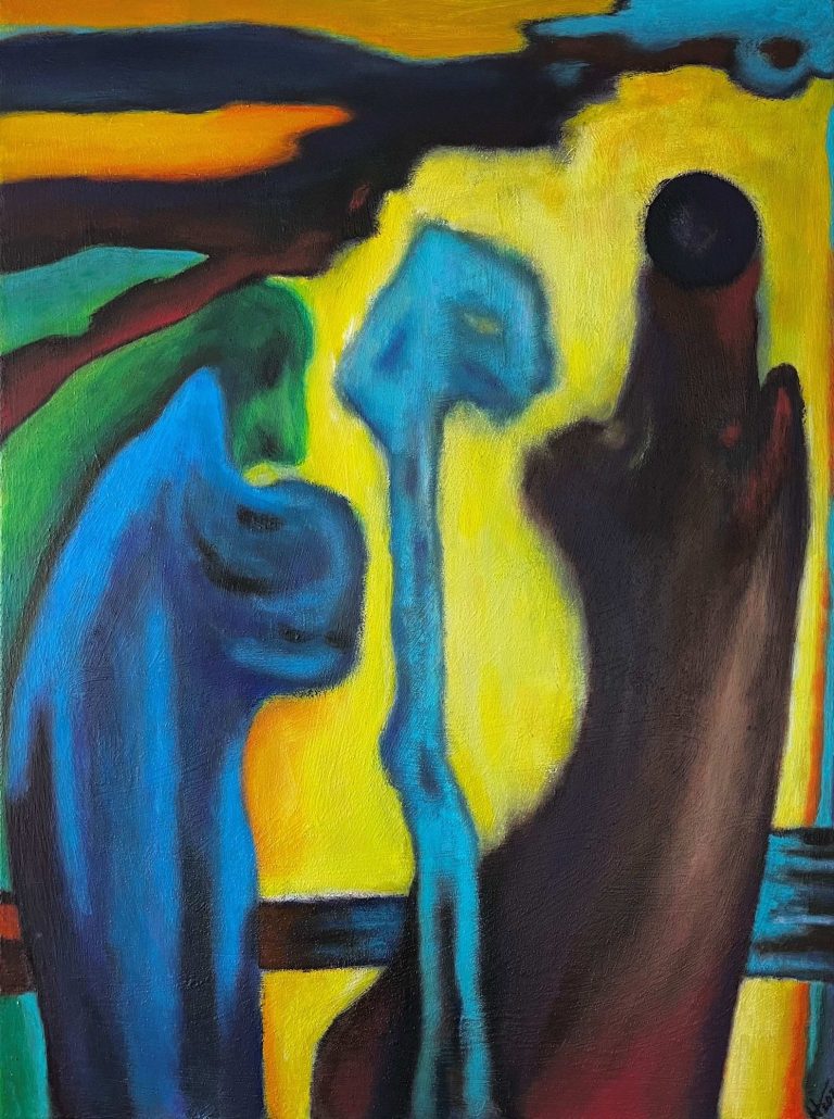 Abstrakte Darstellung von phantasievollen Figuren in leuchtenden Acryl-Farben.