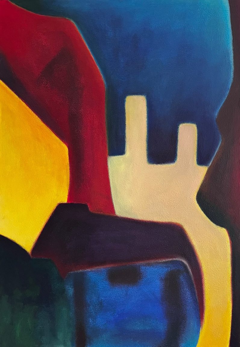 Abstrakte Komposition einer städtischen Landschaft mit kräftigen Farben in Blau, Gelb und Rot.