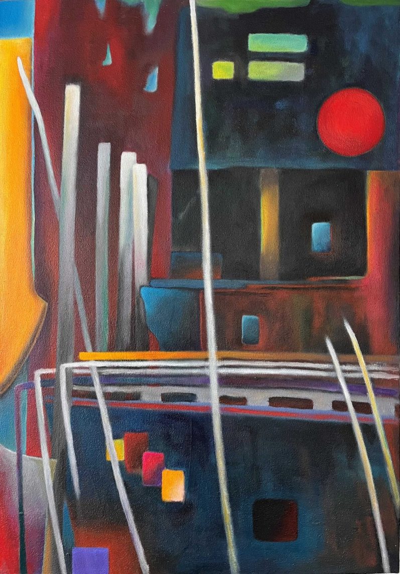 Abstrakte Komposition mit kräftigen Farben, geometrischen und freien  Formen und einem roten Kreis.