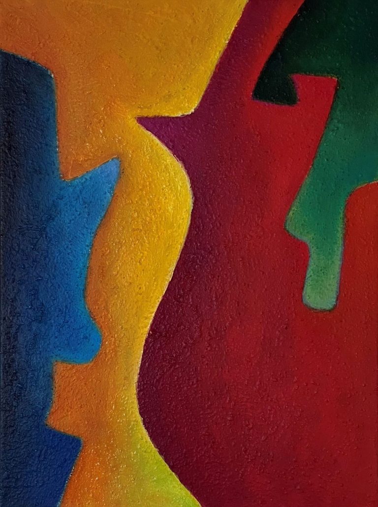 Abstrakte Wesen in lebendigen Farben, die sich im Profil gegenüberstehen.