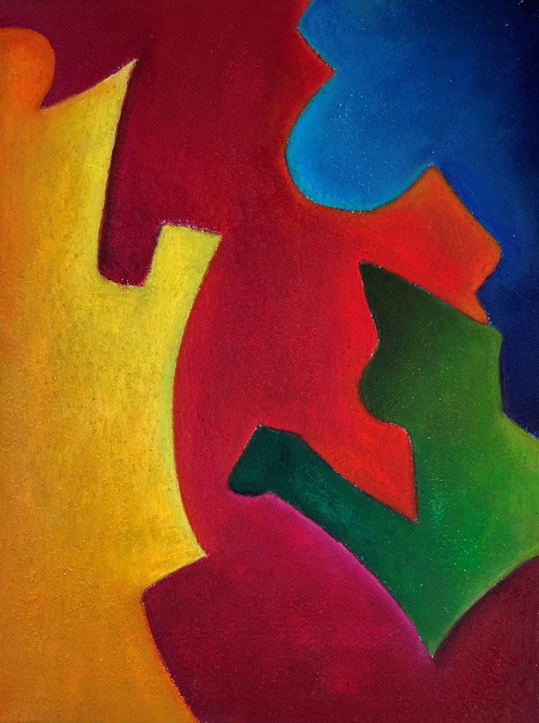 Abstrakte Silhouetten und Formen in Gelb, Blau, Grün, Rot und Orange.