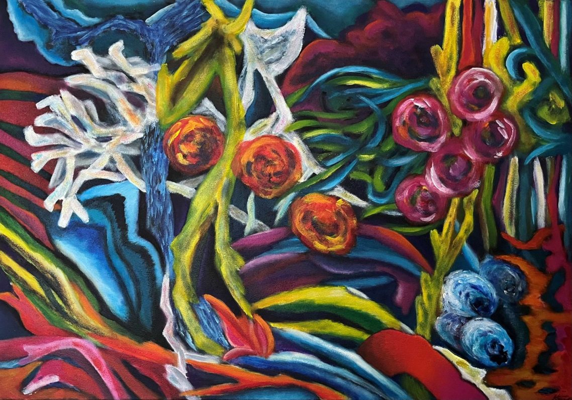 Farbenfrohe abstrakte Komposition mit phantasievollen Pflanzen und Blüten.