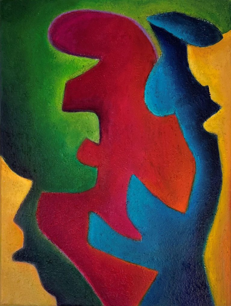 Abstrakte Malrei in Rot, Blau und Grün, die menschliche Silhouetten andeuten.