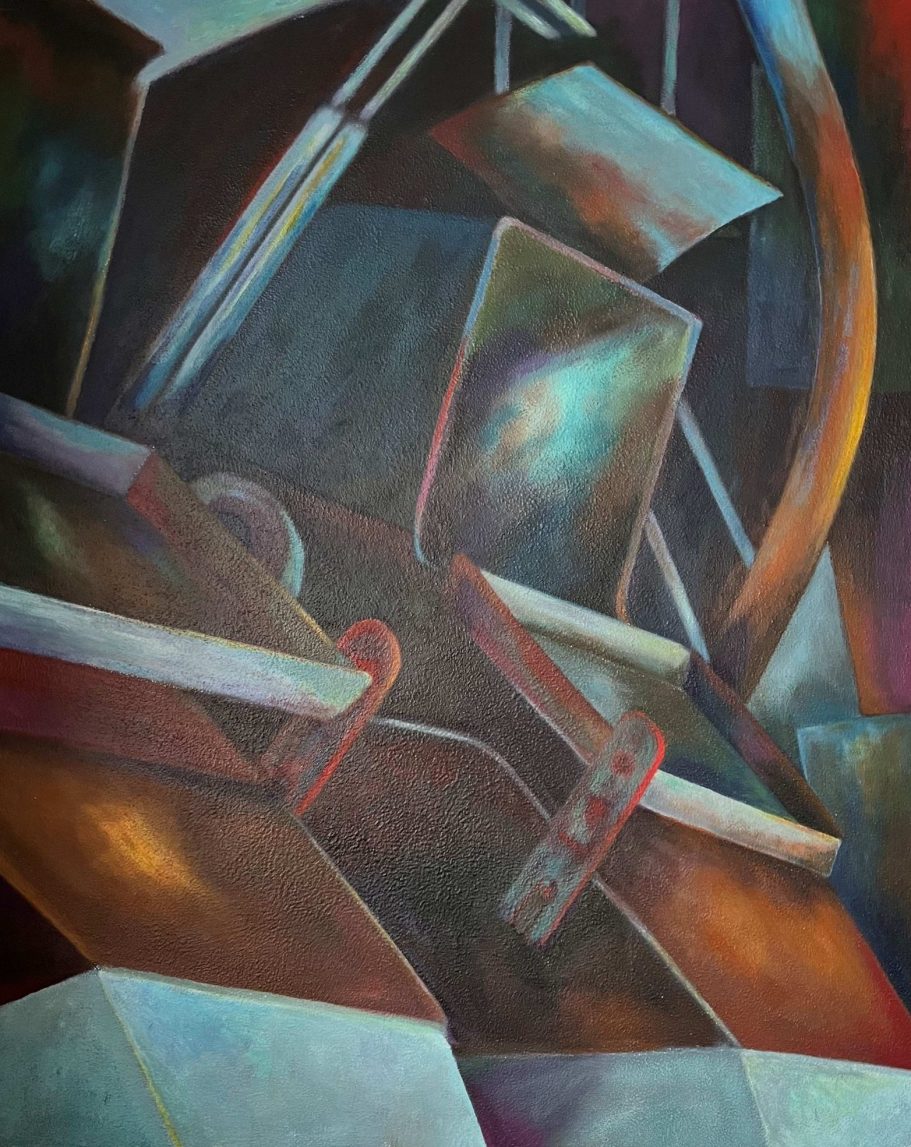 Abstrakte Komposition in aus technischen Elementen mit metallischen, teils rostfarbigen Oberflächen.