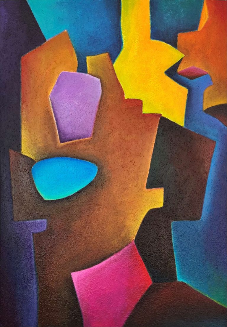 Abstrakte Darstellung von verschiedenen Köpfen und Formen in leuchtenden differenzierten Farben, welche miteinander im Dialog stehen.
