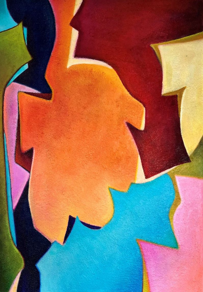 Abstrakte Malerei in leuchtenden Farben mit differenzierten Farbverläufen mit menschlichen Silhouetten, geometrischen und freien Formen.