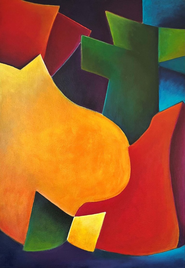 Abstrakte Komposition mit leuchtenden roten, grünen, orangen und blau/violetten  Formen.