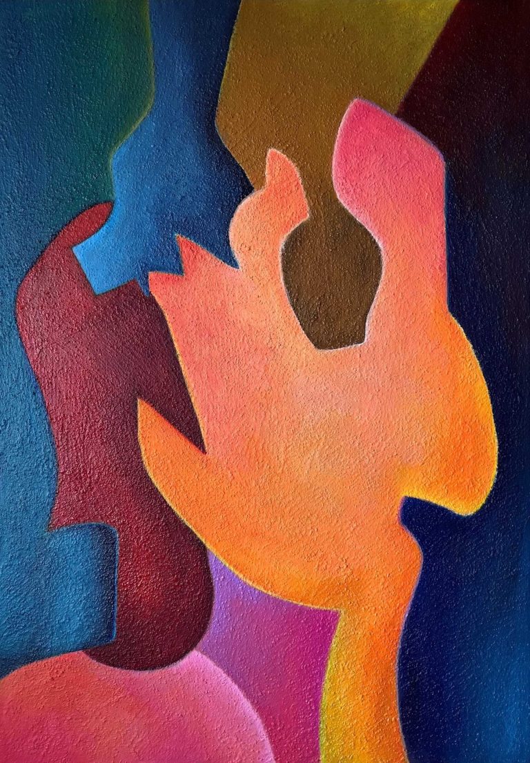 Abstrakte Darstellung von verschiedenen Köpfen, Figuren und Formen in leuchtenden differenzierten Farben.