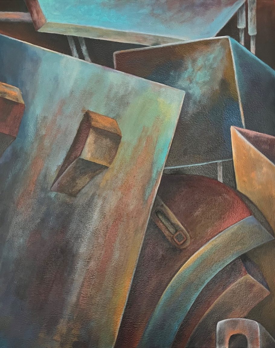 Abstrakte Komposition in aus technischen Elementen mit metallischen, teils rostfarbigen Oberflächen.