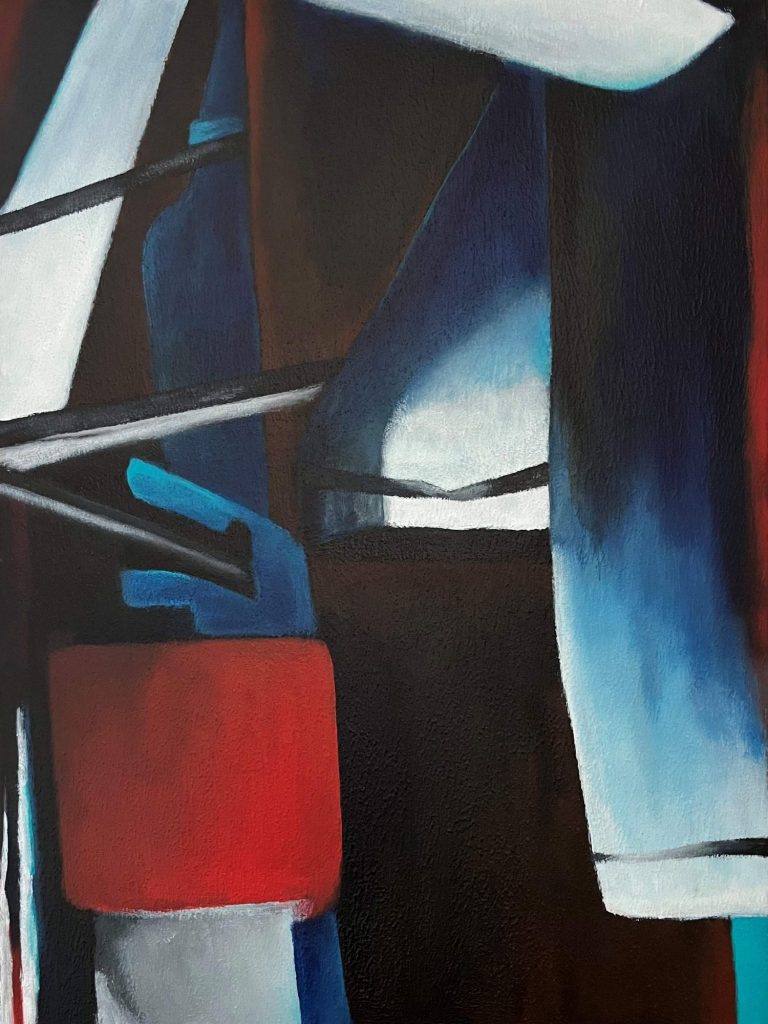 Abstraktes Acryl-Gemälde mit phantasievollen Formen und Flächen in den Farbtönen weiß, blau, rot, dunkelbraun und türkis.