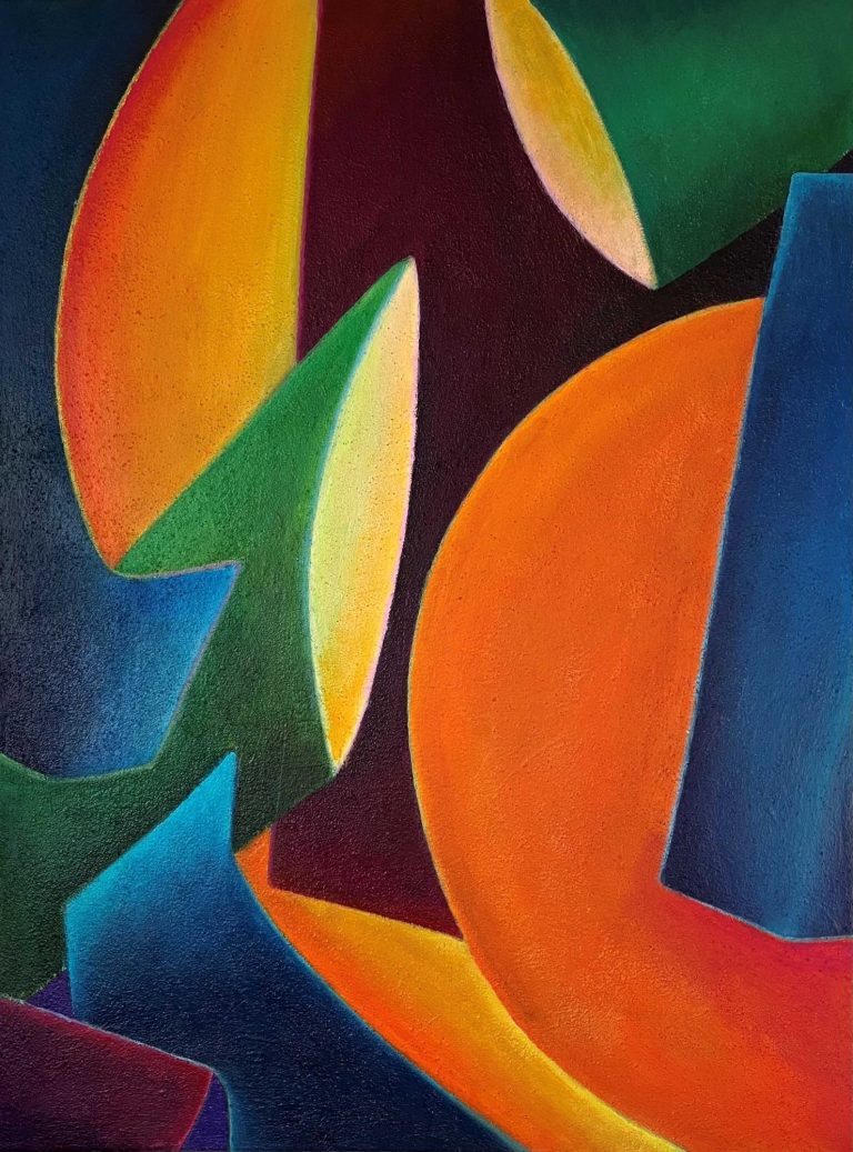 Abstrakte Komposition mit kräftigen leuchtenden und differenzierten Farben aus freien und geometrischen Formen.