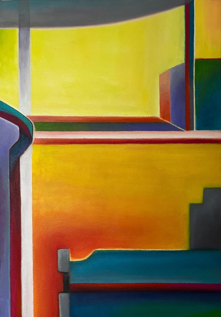 Abstrakte geometrische Formen in leuchtenden Gelb- und Blautönen.