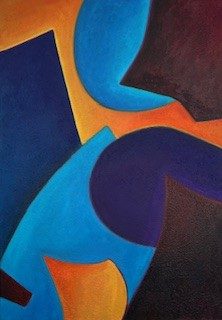 DEDEER I 2026 | Acryl auf Leinwand (Strukturgrund) | 100x70 | Silke Hirsch Abstrakte, sehr dynamische Komposition mit türkisen, blauen, violetten und orangefarbenen Formen.