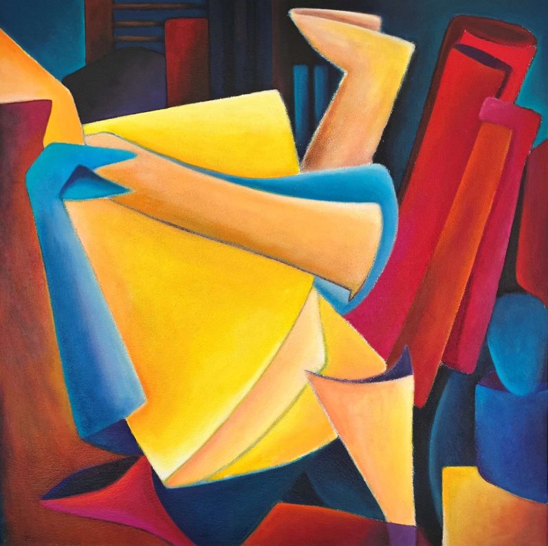 Abstrakte Komposition mit leuchtenden Farben, geometrischen Formen und dynamischen Linien.