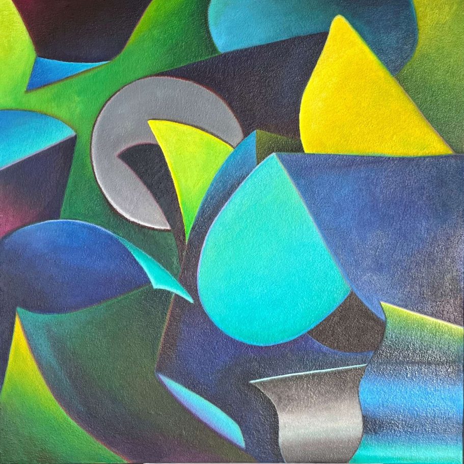 Abstraktes Kunstwerk mit geometrischen und freien Formen in lebendigen Blau-, Grün- und Gelbtönen.