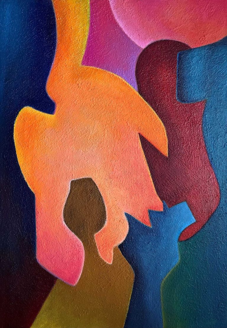 Abstrakte Darstellung von verschiedenen Köpfen, Figuren und Formen in leuchtenden differenzierten Farben.